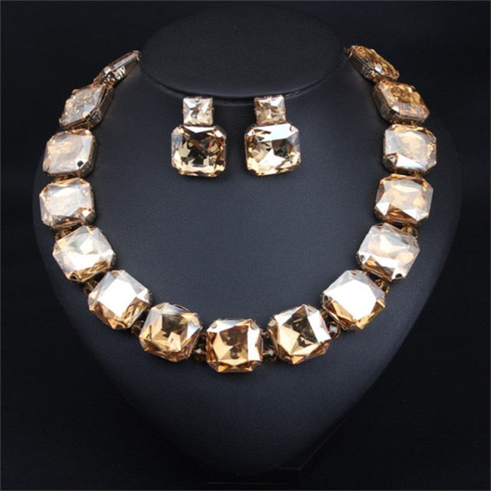 Square Crystal Necklace Set for Women Shiny Rhinestone Stud Earrings Bridal Wedding Jewelry Set