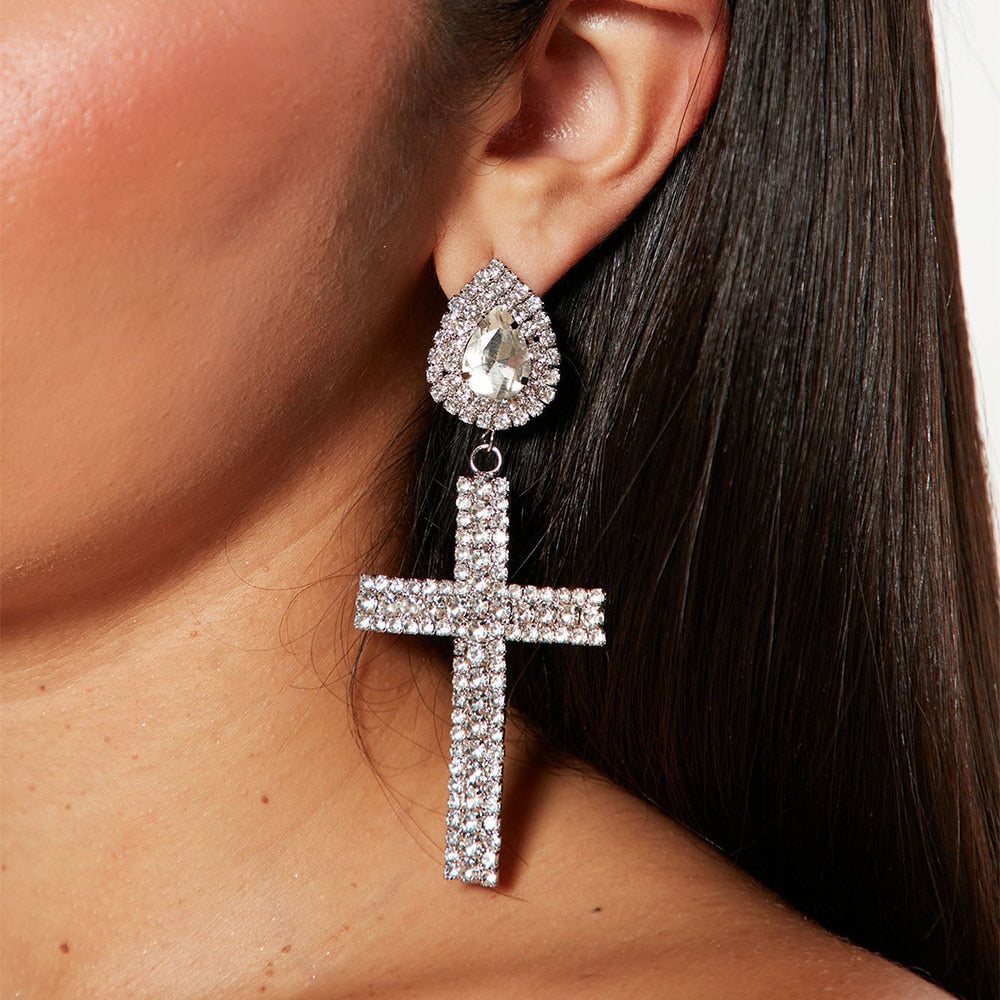 Vintage Crystal Cross Earrings Shiny Trend Zircon Water Drop Piercing Jewelry for Women Earrings Jewelry