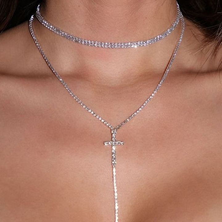 Double Layer Rhinestone Cross Choker Necklace Jewelry for Women Crystal Long Tassel Necklace