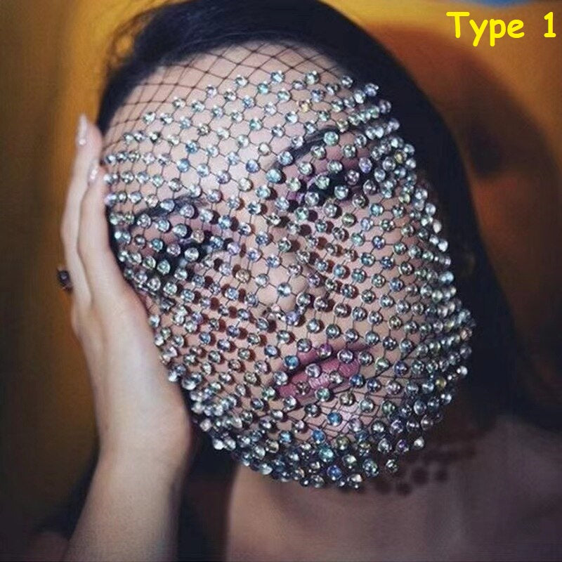 Mesh Rhinestone Face Jewelry Mask Bling Wedding Party Veil Women Full Crystal Face Shield Face Mask