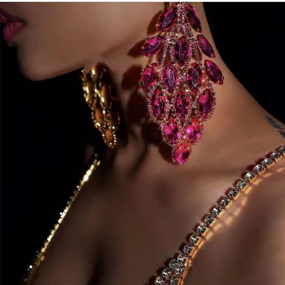 Fashion Colorful Rhinestone Leaf Dangle Earrings for Women Shiny Water Drop Crystal Earrings Drag Queen Jewelry