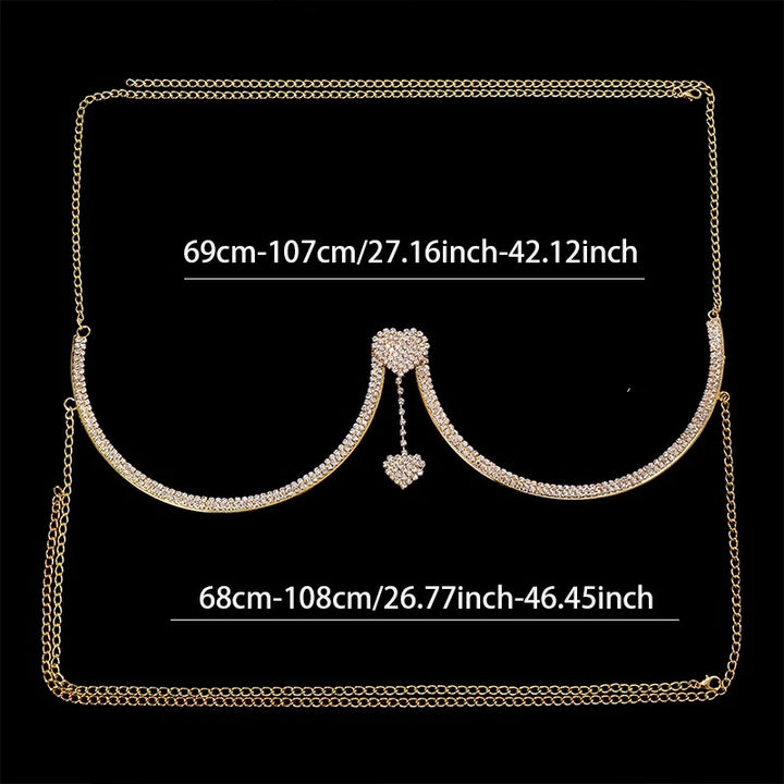 Chest Bracket Double Pendant Heart Bras Chain Necklace Body Jewelry Rhinestone