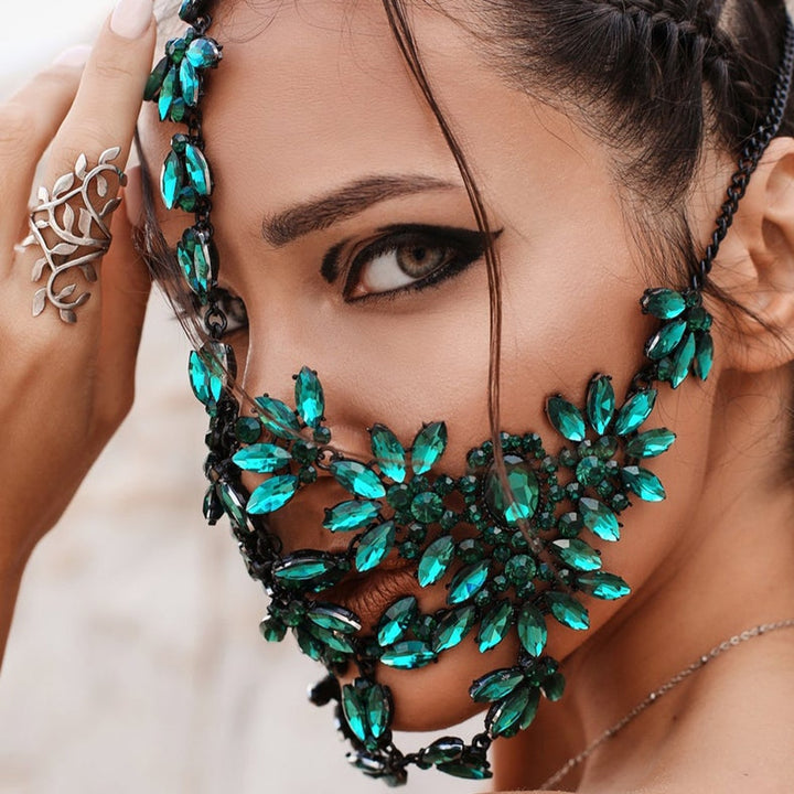 Green Crystal Mask Halloween Mask Women Masquerade Mask Rhinestone Face Jewelry