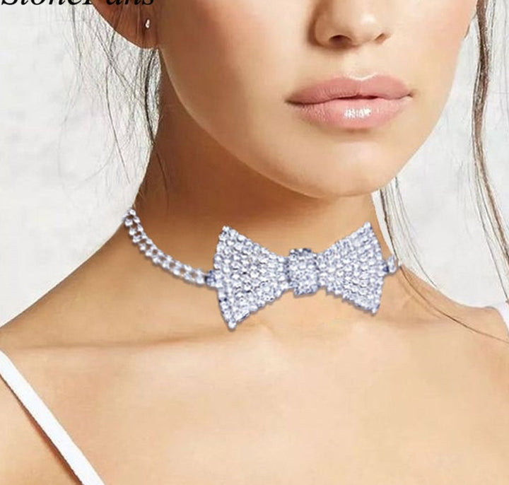 Crystal Bow Tie Necklace Choker Collar Chain Lady Rhinestone Tennis Chain Necklace