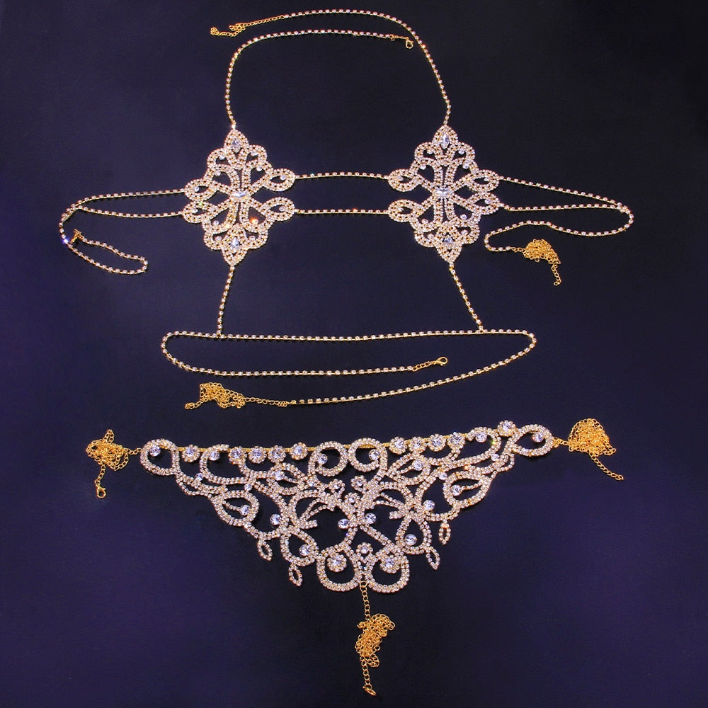 Bling Rhinestone Underwear Bra Thong Lingerie Crystal Body Jewelry Harness Body Chain for Women Bikini Accessories