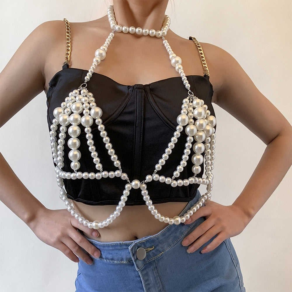 Imitation Pearls Body Chain Harness for Women Waist Chain Bikini Bra Jewelry