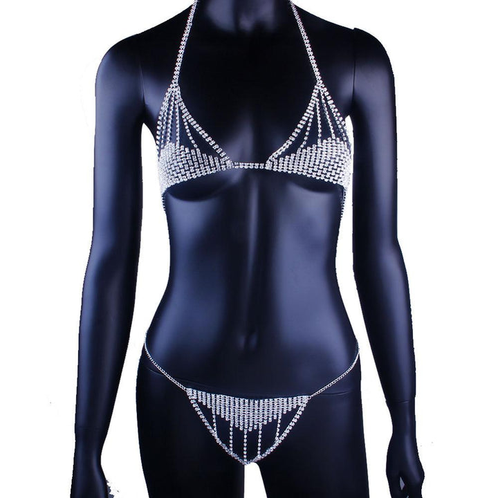 Rhinestone Chain Lingerie Women Bra Thong Set Bikini Body Jewelry Chain Underwear