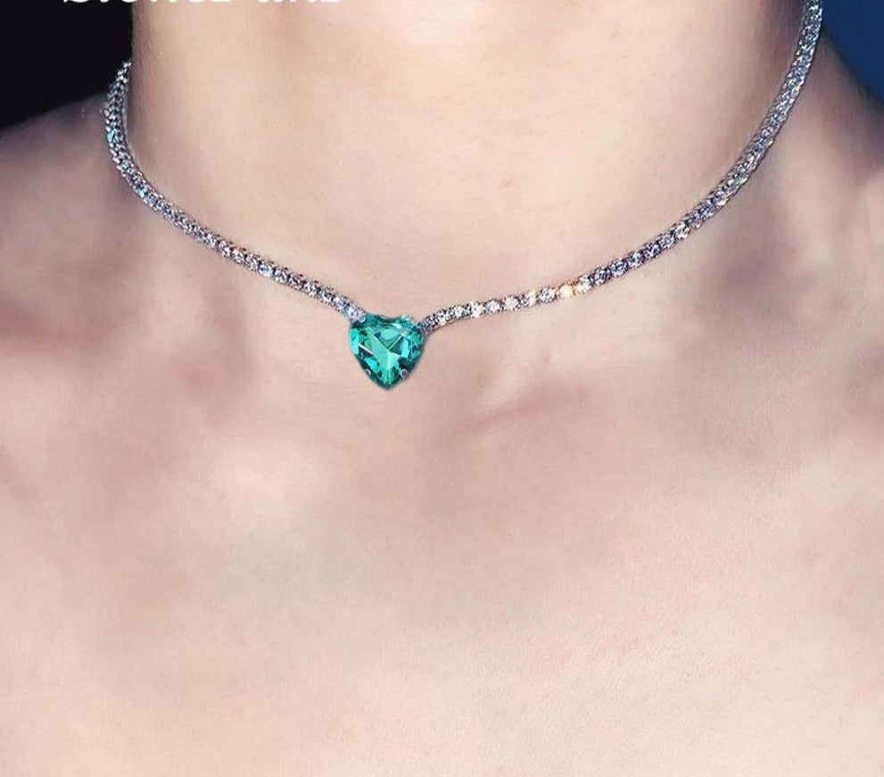 Rhinestone Chain Green Heart Necklace for Women Love Crystal Choker Necklace