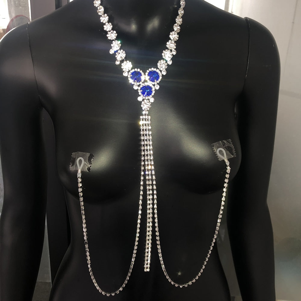 Blue Stone Body Chain Necklace Lingerie Nipple Jewlery Non-Piercing Jewelry