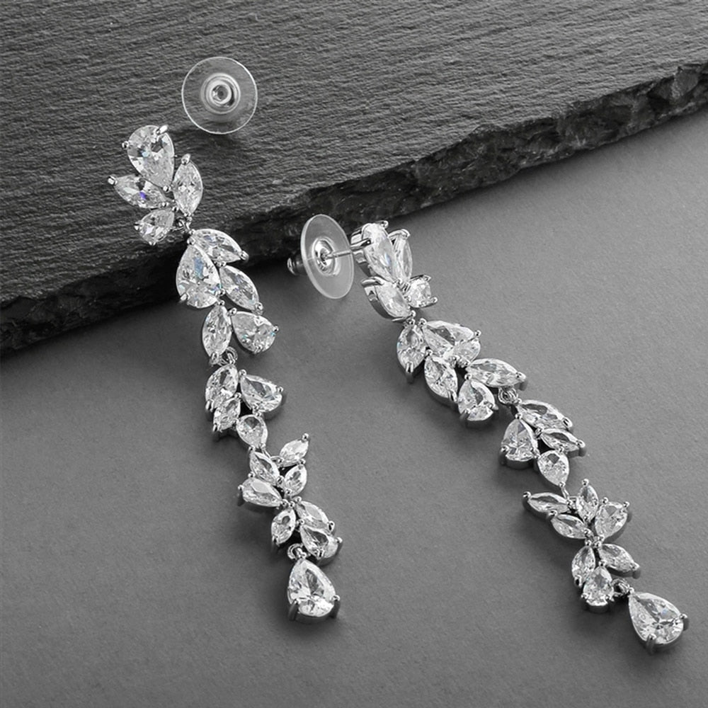 Zircon Crystal Leaf Drop Earring Water Drop Dangle Earring Women Bridal Wedding Jewelry