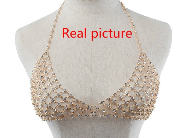 Sexy Gypsy Chain Bikini bra Rhinestone body Jewelry Harness V Statement Necklace
