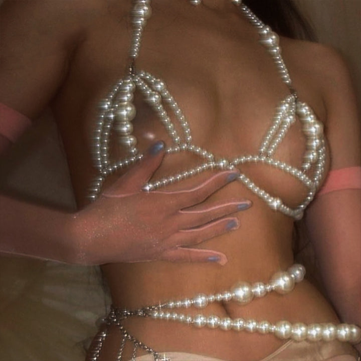 Imitation Pearls Body Chain Harness for Women Waist Chain Bikini Bra Jewelry
