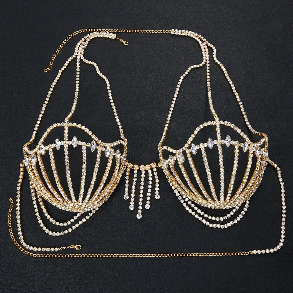 Sea Shell Bra Top Woman Crystal Lingerie Chain Apparel Stripper Outfit Dancewear Exotic Lingerie Pendant