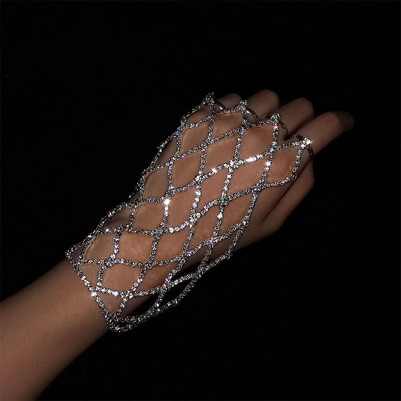 Ring Finger Mesh Linked Bracelet Jewelry Rhinestone Hand Chain Bangles for Women