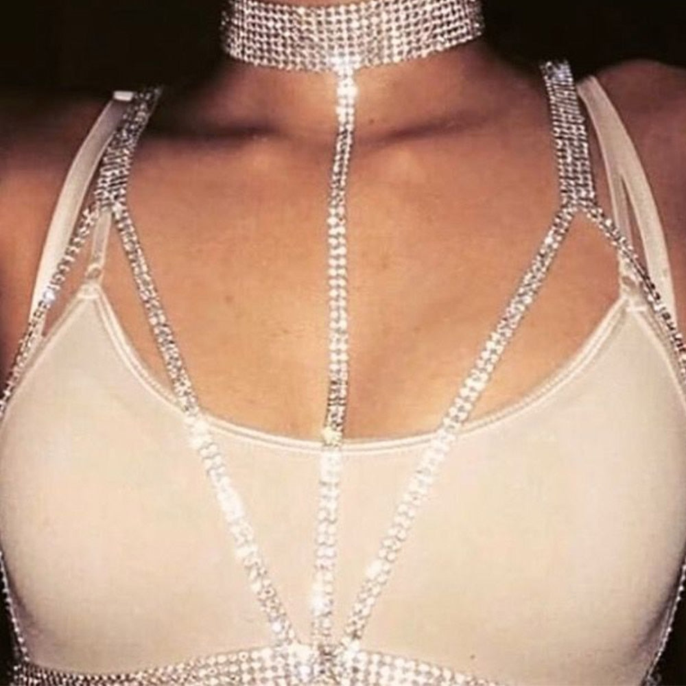 Rhinestone Cross Chest Chain Crystal Bra Body Chain Body Necklace Bikini Accessories Body Jewelry