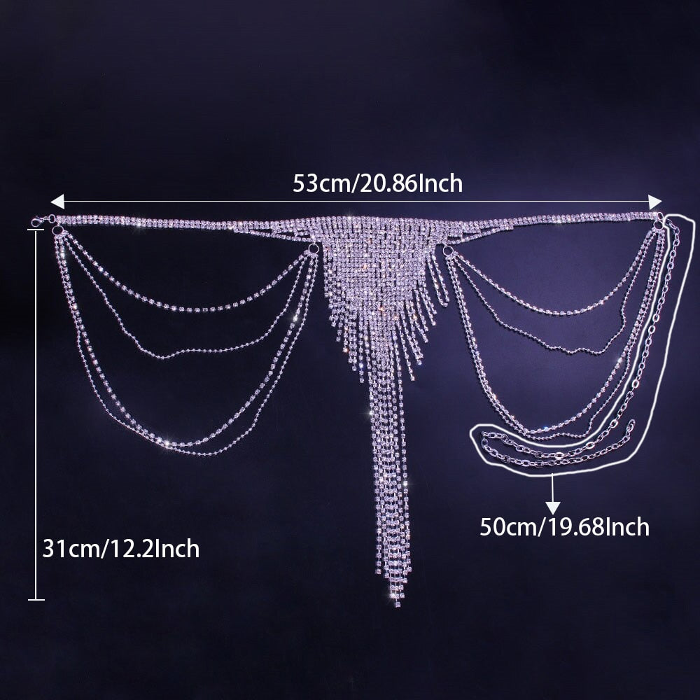 Crystal Adjustable Tassel Body Chain Bikini Women Rhinestone Bra Thong Set Body Jewelry Underwear Panties