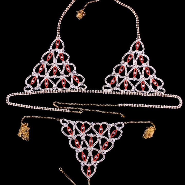 Rhinestone Heart Bikini Jewelry Lingerie Set Bling Bra Thong Crystal Body Chain