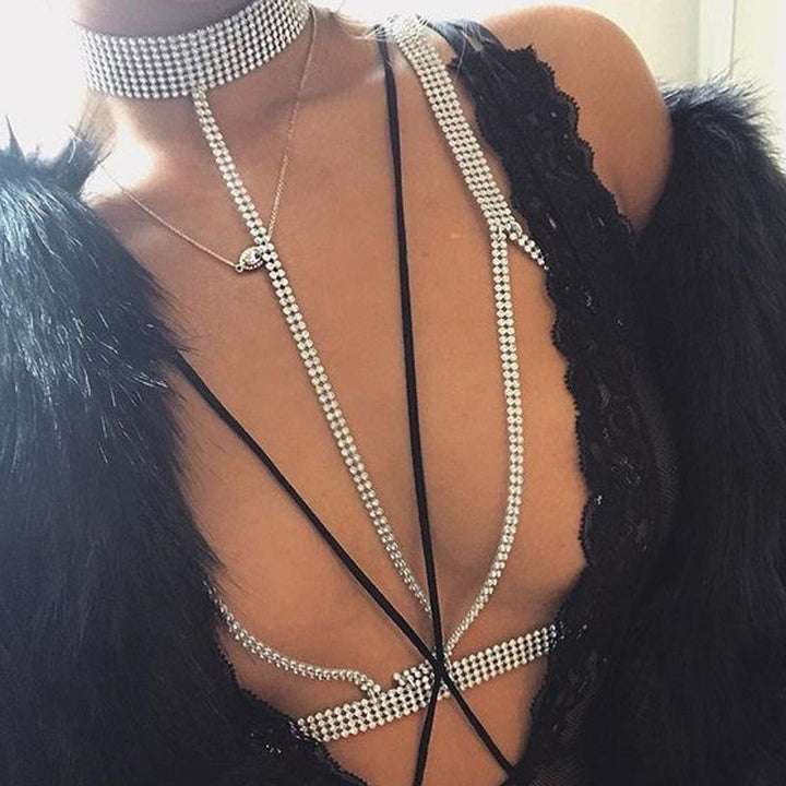 Rhinestone Cross Chest Chain Crystal Bra Body Chain Body Necklace Bikini Accessories Body Jewelry