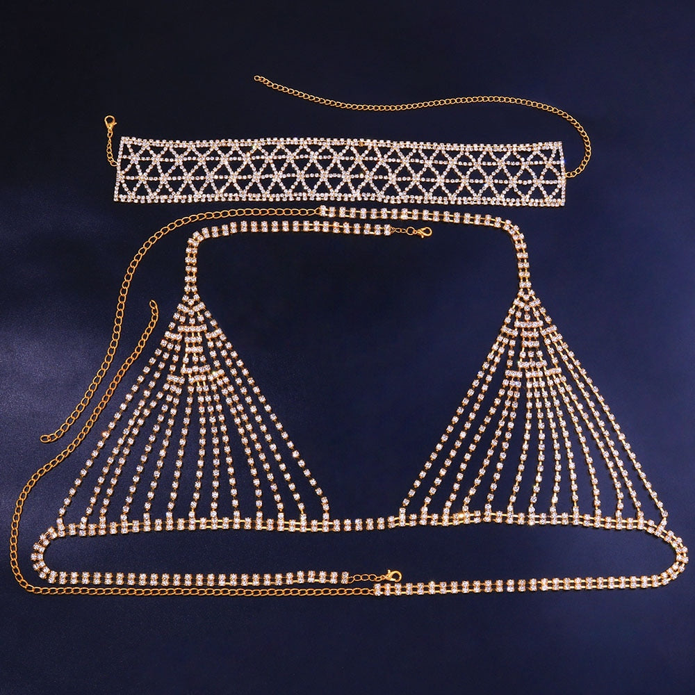 Rhinestone Bra Chest Body Chain Jewelry Bikini Accessories Top for Women Crystal Collar Choker Necklace Body Jewelry