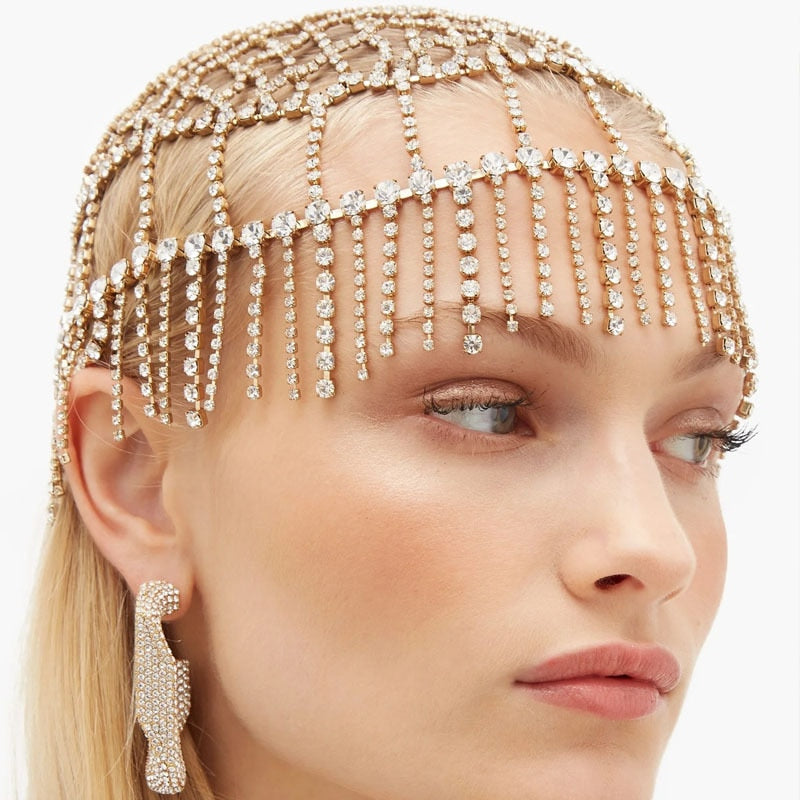 Rhinestone Mesh Head Chain Women Jewelry Crystal Bridal Bridesmaid Wedding Headbands Fringed Headdress