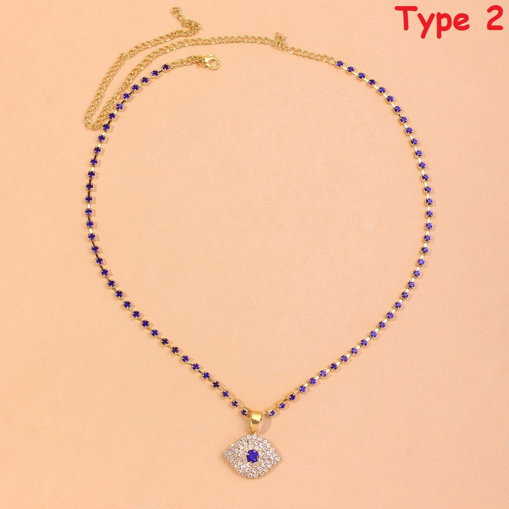 Crystal Blue Evil Eye Necklace Women Bohemian Rhinestone Vintage Long Pendant
