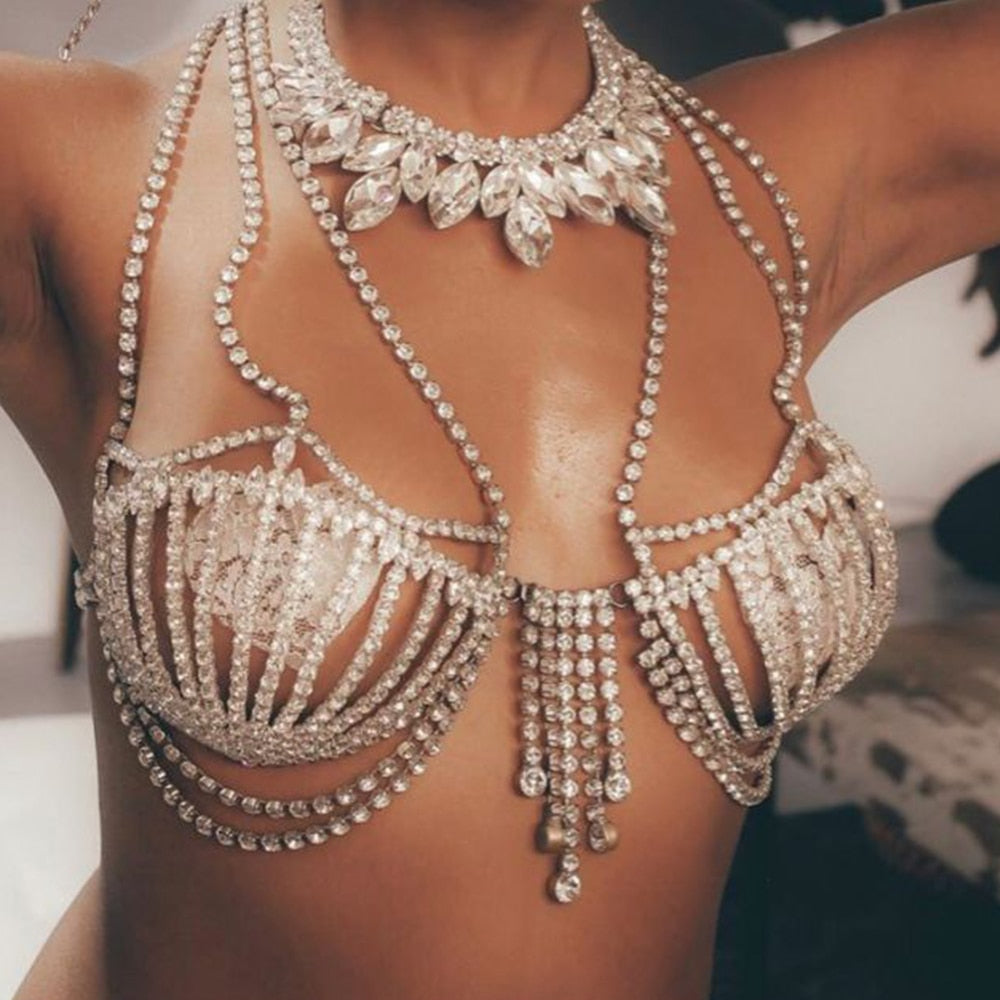 Sea Shell Bra Top Woman Crystal Lingerie Chain Apparel Stripper Outfit Dancewear Exotic Lingerie Pendant