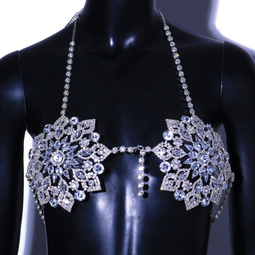 Big Crystal Bikini Top Flower Shape Lingerie Chain Ladies Bling Rhinestone Bra Chain Chest Bracket Body Jewelry