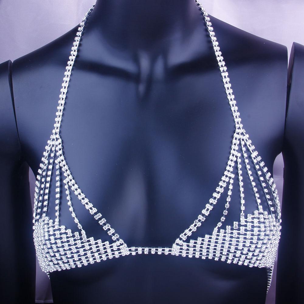 Rhinestone Chain Lingerie Women Bra Thong Set Bikini Body Jewelry Chain Underwear
