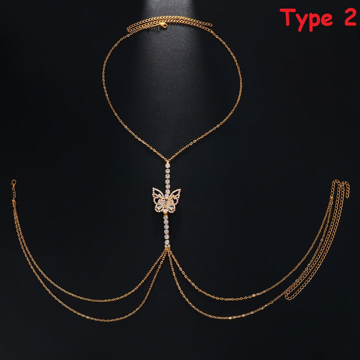 Zircon Butterfly Rhinestone Bra Chain Harness Rave Jewelry Crystal Bikini Chest Chain Necklace for Women