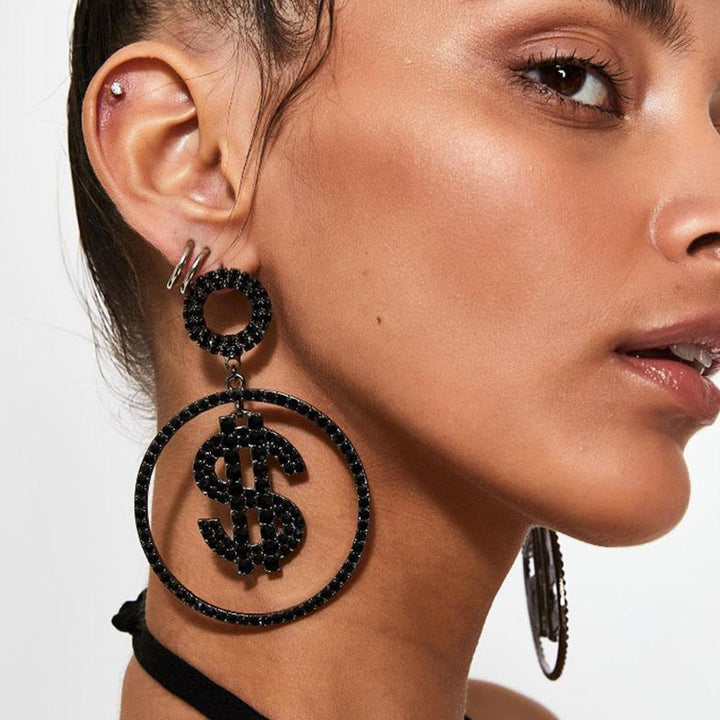Black Dollar Dangle Earrings for Women Accessories Summer Statement Round Rhinestone Earrings Hoops Stud Jewelry