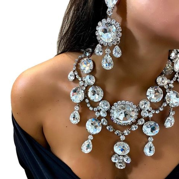 Fashion Crystal Set Necklace Earrings Jewelry Choker Rhinestone Collar Necklace Earrings