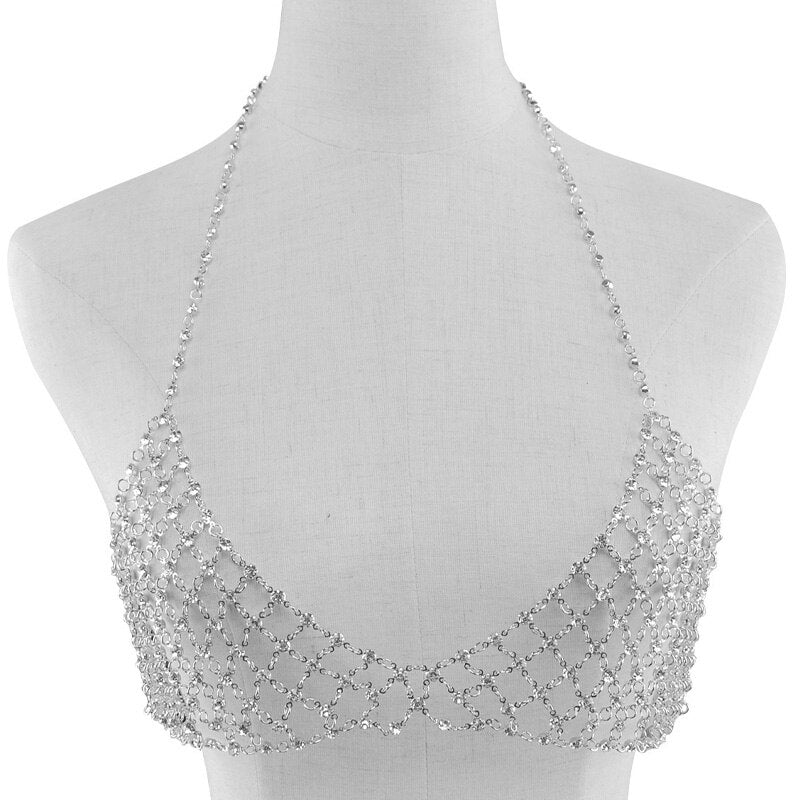 Sexy Gypsy Chain Bikini bra Rhinestone body Jewelry Harness V Statement Necklace