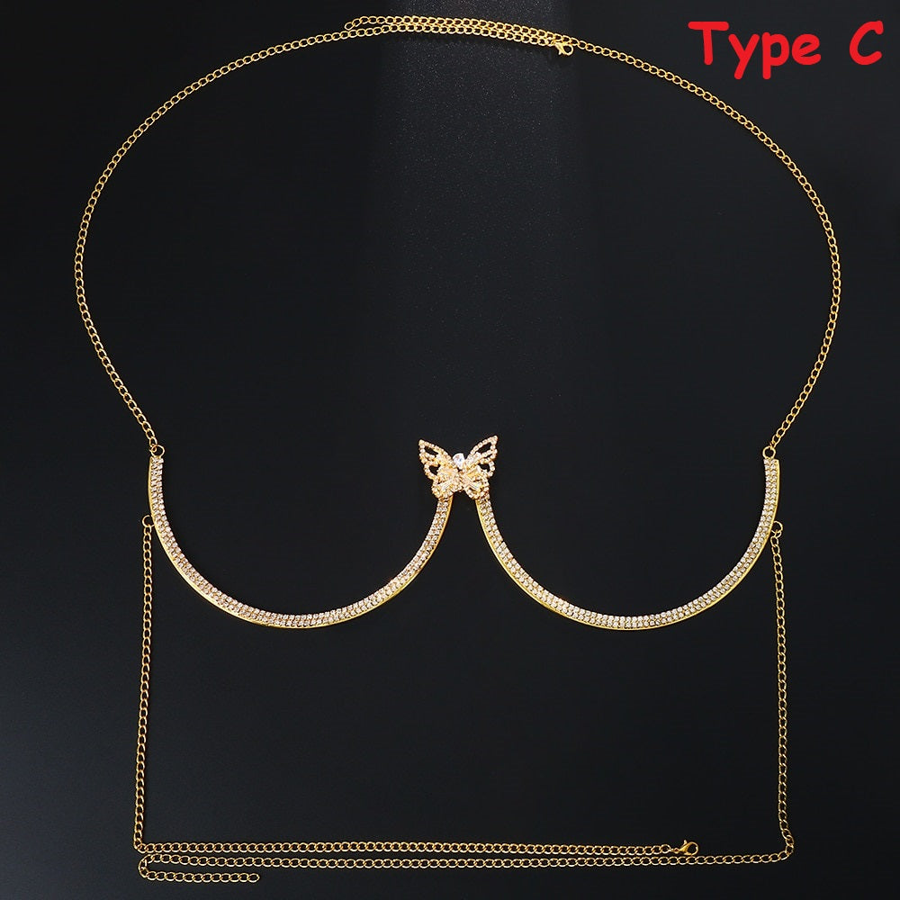 Flash Butterfly Rhinestone Chest Bracket Bra Chain for Women Round Breast Body Jewelry Bikini Chains