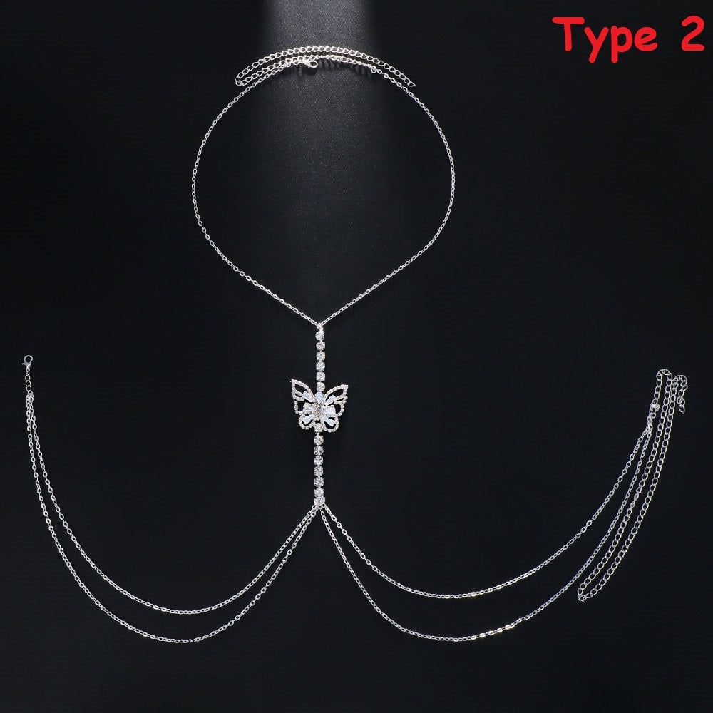 Zircon Butterfly Rhinestone Bra Chain Harness Rave Jewelry Crystal Bikini Chest Chain Necklace for Women