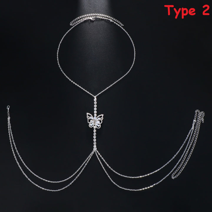 Zircon Butterfly Rhinestone Bra Chain Harness Rave Jewelry Crystal Bikini Chest Chain Necklace for Women