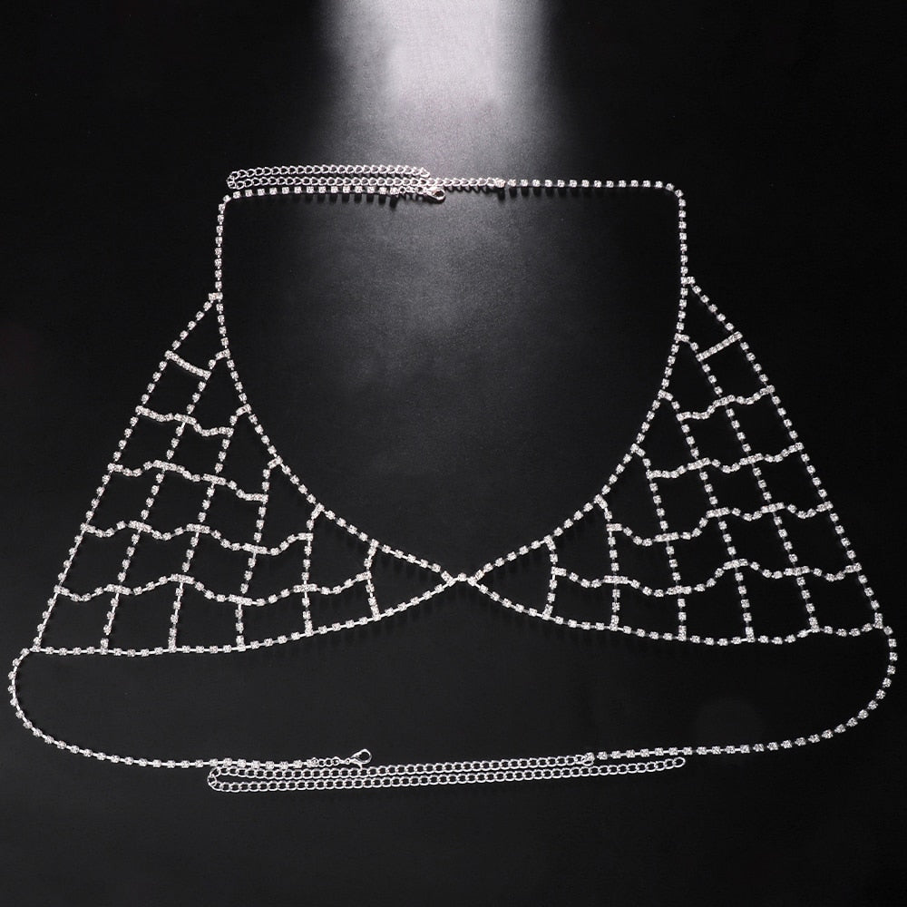 Simple Bikinis Mesh Bra Chain Harness Chest Accessories Nightclub Lingerie Hollow Rhinestone Body Jewelry for Women Body Chain