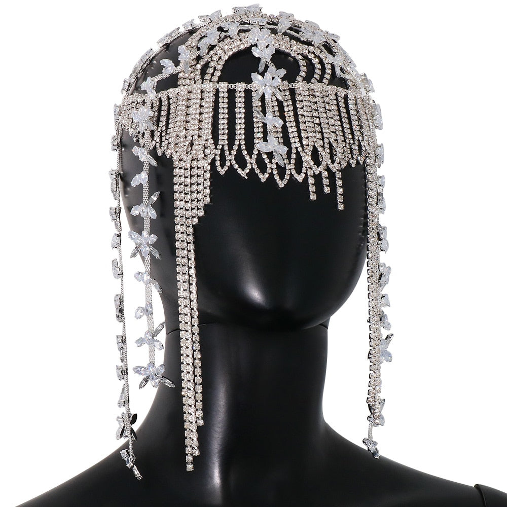Crystal Tassel Head Chain Jewelry Halloween Women Rhinestone Flapper Cap Headpieces Bridal Hair Accessories