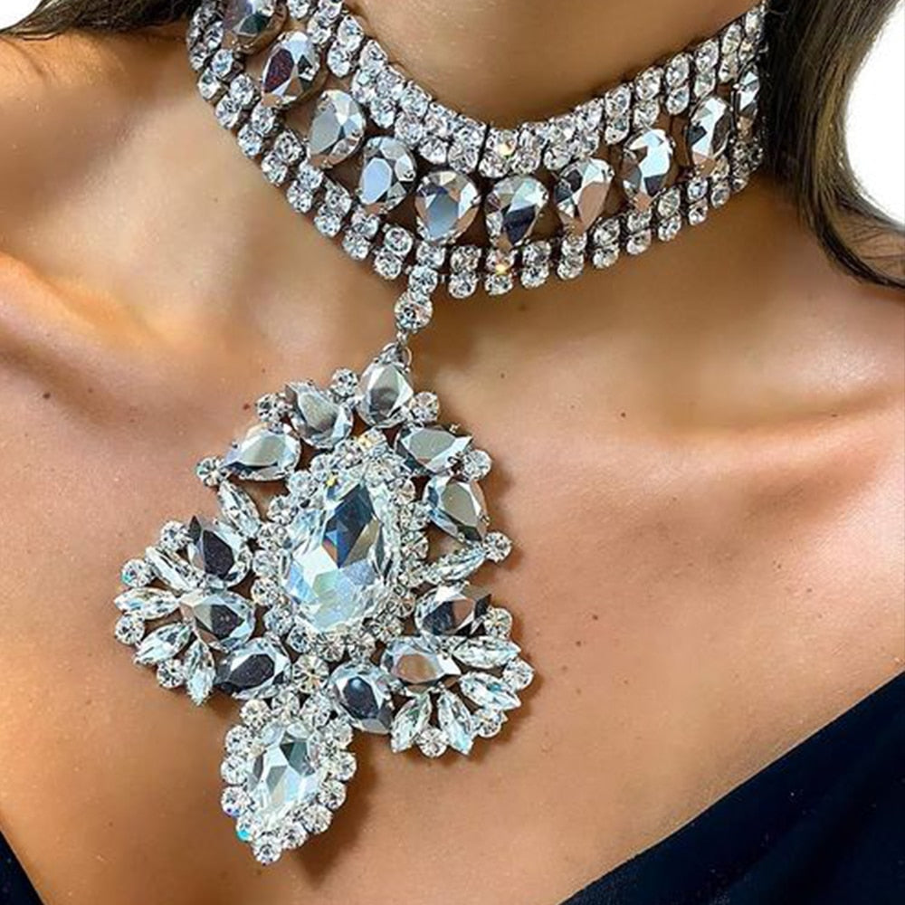 Pendant Choker Necklace Rhinestone Crystal for Women One Piece Chunky Necklace Chocker Jewelry
