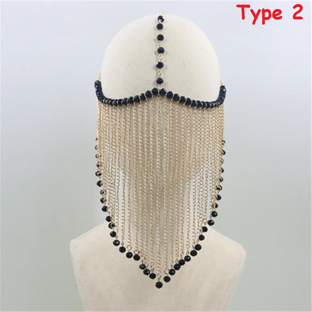 Crystal Black Tassel Mask for Women Arabic Dance Face Tassel Halloween Accessory Rhinestone Face Jewelry