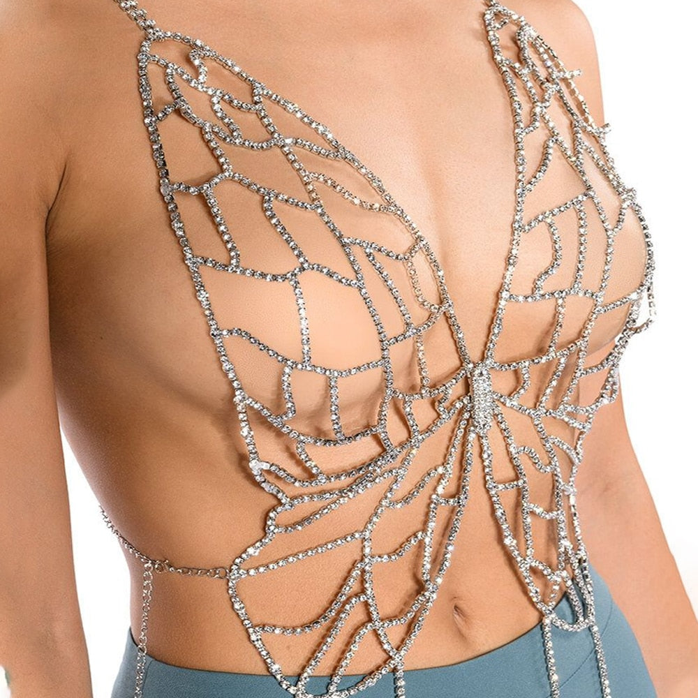 Hollow Butterfly Crystal Bra Chain Harness Beach Accessories Bikinis Lingerie Rhinestone Body Jewelry Rave Clothing Body Chain