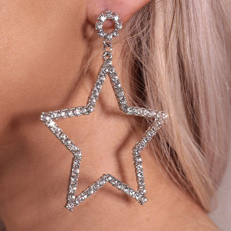 Pair Dangling Big Star Earrings Vintage For Women Piercing Pendant Crystal Loop Earrings