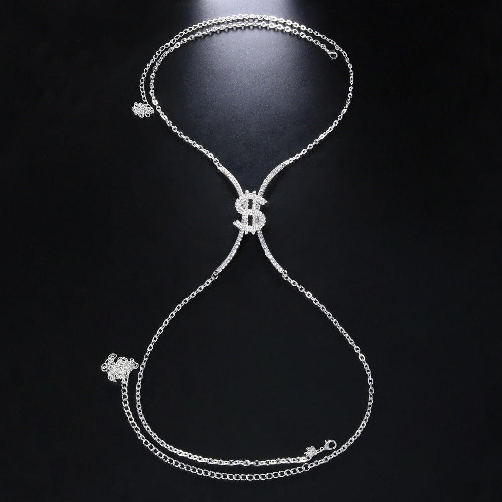Dollar Sign Rhinestone Chest Bracket Chain Necklace Women Chest Accessories Crystal Bikini Bra Body Jewelry