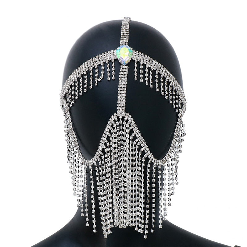 Crystal Tassel Face Mask Face Chain Rhinestones Costume Halloween Mask For Women Veil Masquerade Party Face Jewelry