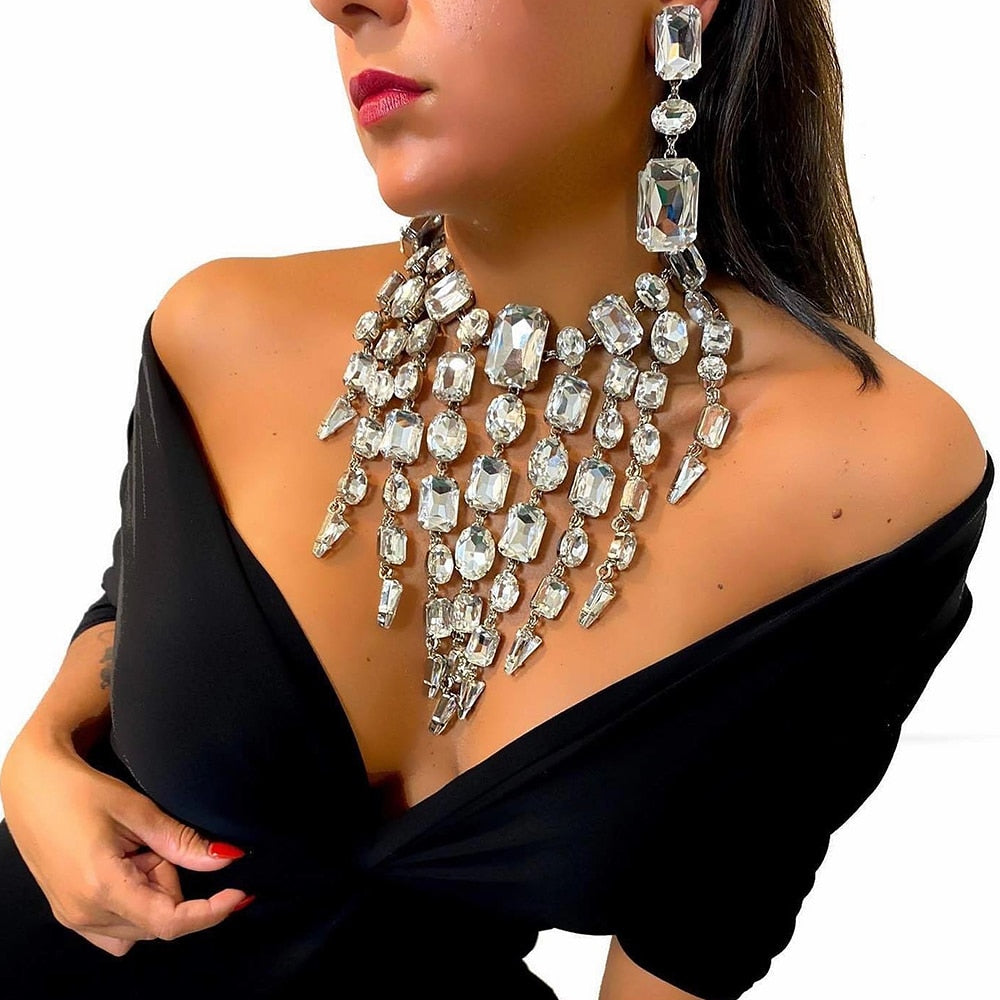 Tassel Square Rhinestone Jewelry Set for Women Exaggerate Summer Oversize Accessories Crystal Necklace Earrings Set