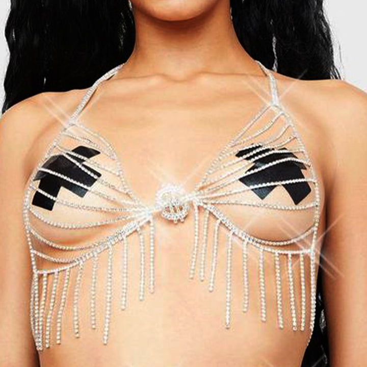 Luxury Dollar Sign Rhinestone Body Lingerie Sexy Tassel Body Chain Ladies Crystal Bra Top Chain Rave Chest Outfits