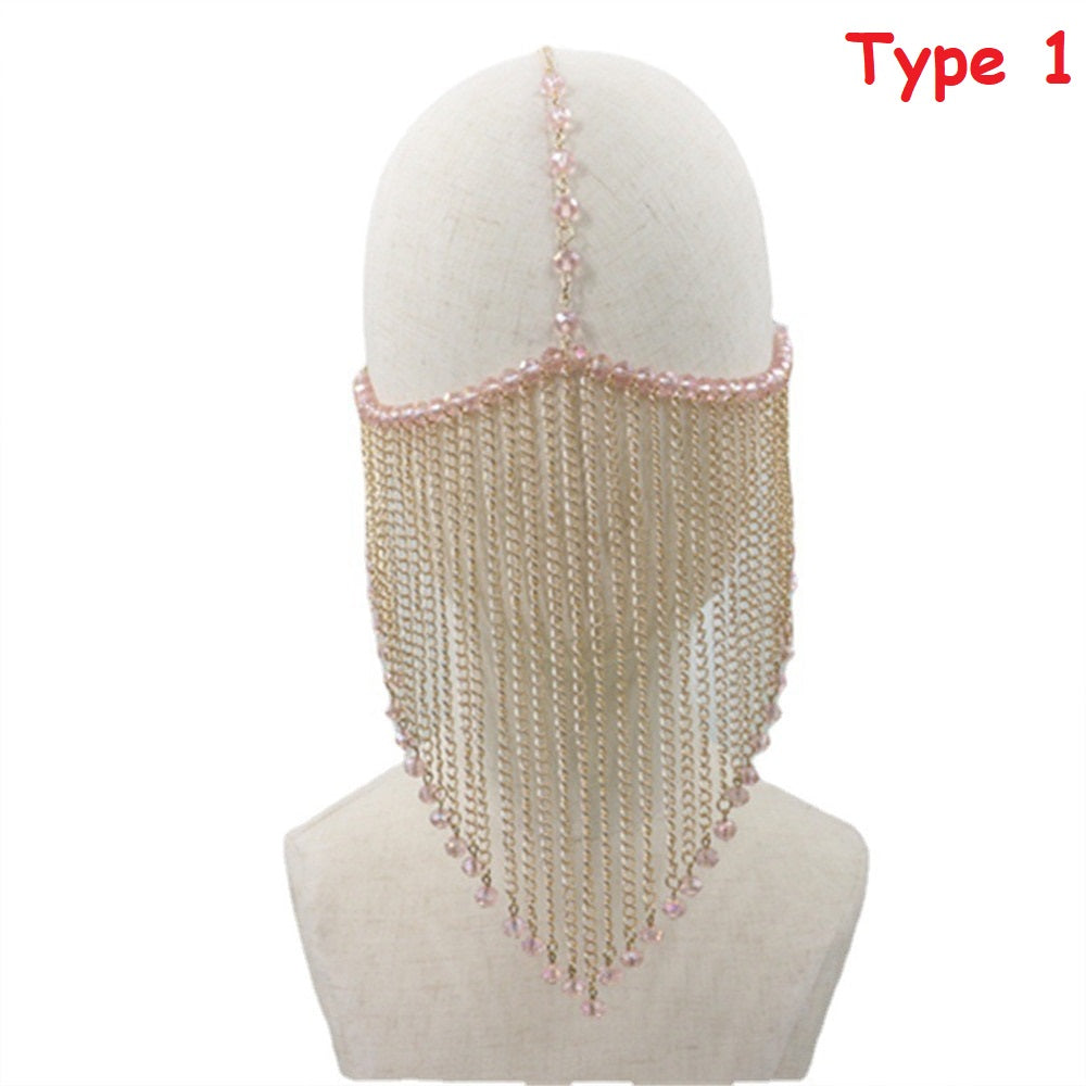 Crystal Black Tassel Mask for Women Arabic Dance Face Tassel Halloween Accessory Rhinestone Face Jewelry