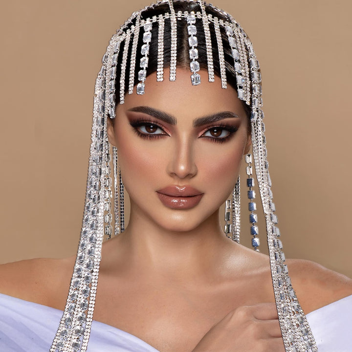 Crystal Tassel Hair Chain Headpiece Indian Jewelry Women Bling Rhinestone Headband Hat Bridal Accessories