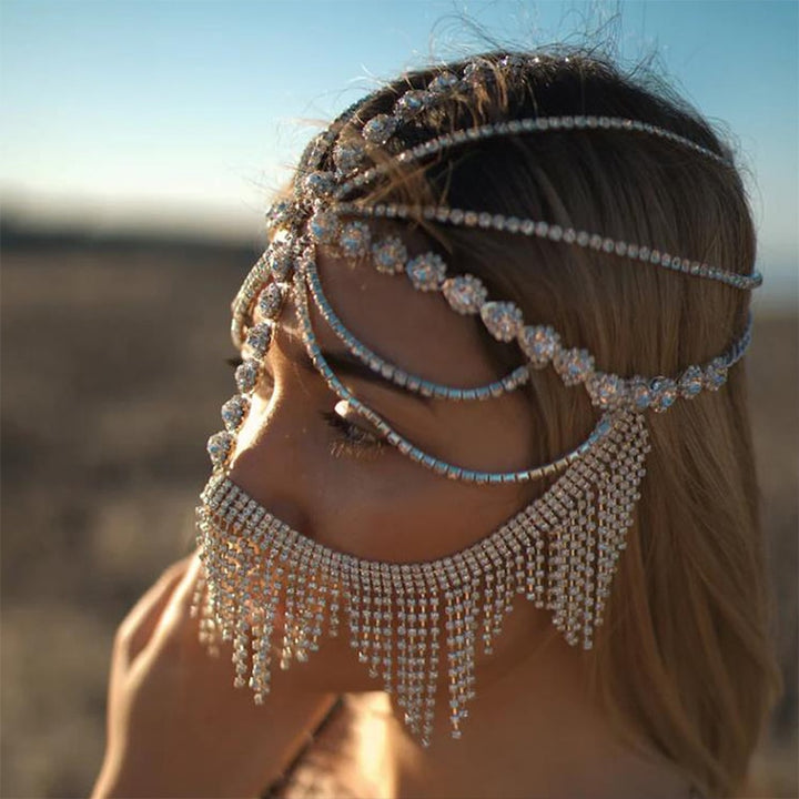 Rhinestone Fringe Jewelry Mask Headpiece Accessories for Women Full Face Halloween Mask Chain