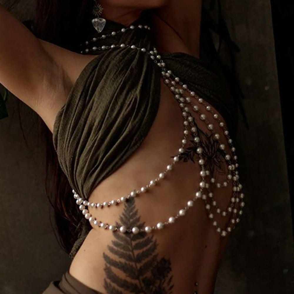 Rhinestone Pearl Body Chain Bra Necklace Underwear Jewelry Women Chest Chain Belly Chain Body Jewelry Bikini Accessories