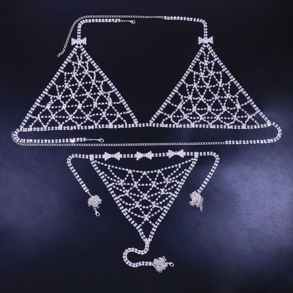 Hollow Bow Rhinestone Body Chain Bra Harness for Women Beach Accessories Bikini Bra Thong Set Body Jewelry